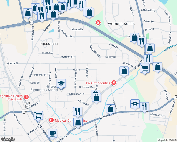 map of restaurants, bars, coffee shops, grocery stores, and more near 802 Alberta Street in Enterprise