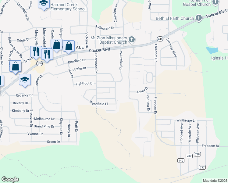 map of restaurants, bars, coffee shops, grocery stores, and more near 97 Candlebrook Drive in Enterprise