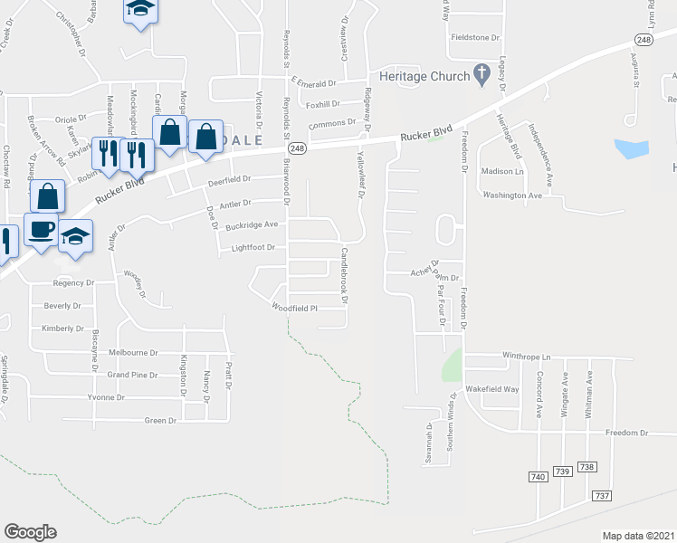 map of restaurants, bars, coffee shops, grocery stores, and more near 97 Candlebrook Drive in Enterprise