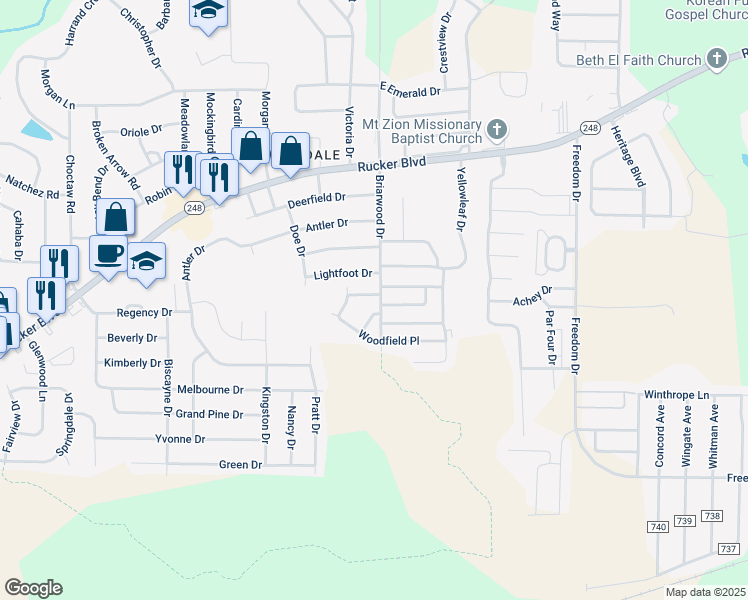 map of restaurants, bars, coffee shops, grocery stores, and more near 101 Lightfoot Drive in Enterprise