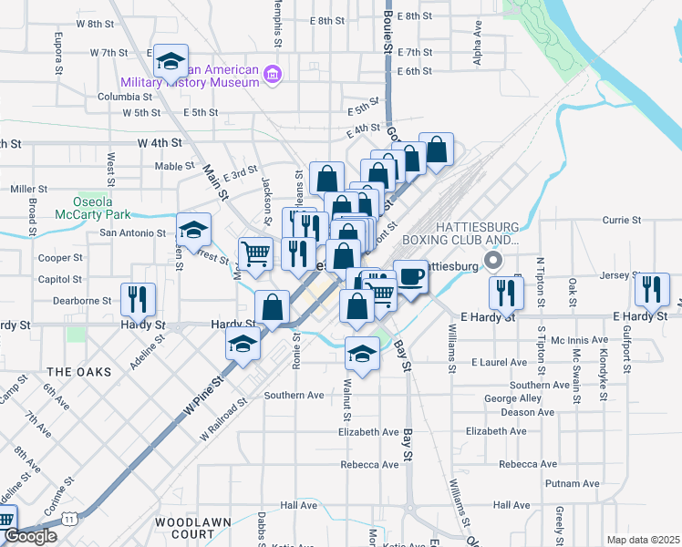 map of restaurants, bars, coffee shops, grocery stores, and more near 144 East Front Street in Hattiesburg