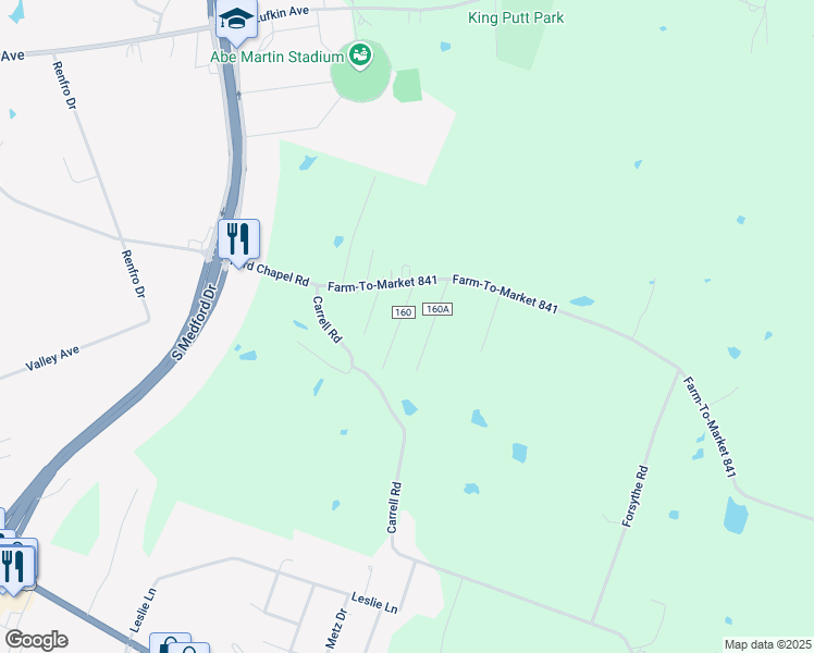 map of restaurants, bars, coffee shops, grocery stores, and more near 165 King Road in Lufkin