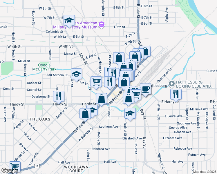 map of restaurants, bars, coffee shops, grocery stores, and more near 642 Main Street in Hattiesburg