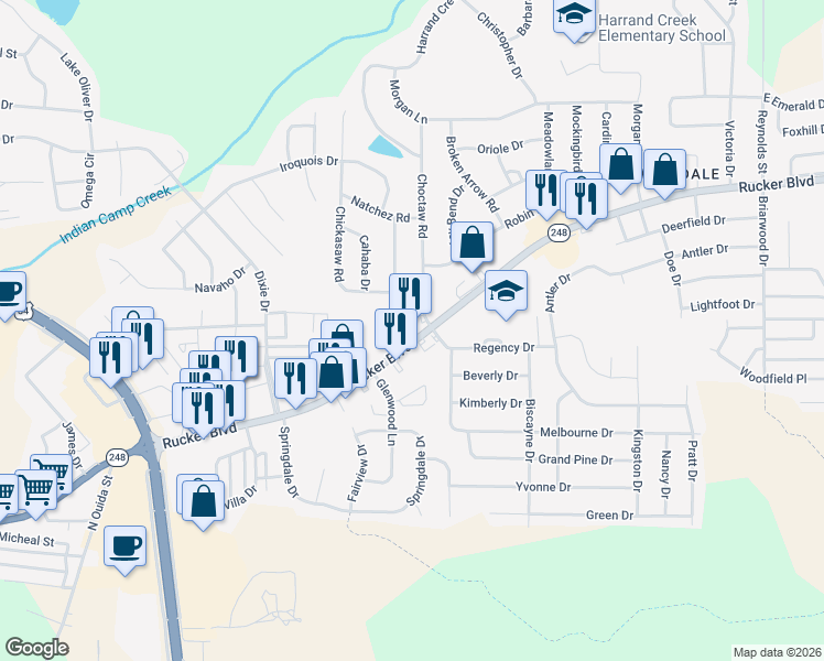 map of restaurants, bars, coffee shops, grocery stores, and more near 199 Regency Drive in Enterprise