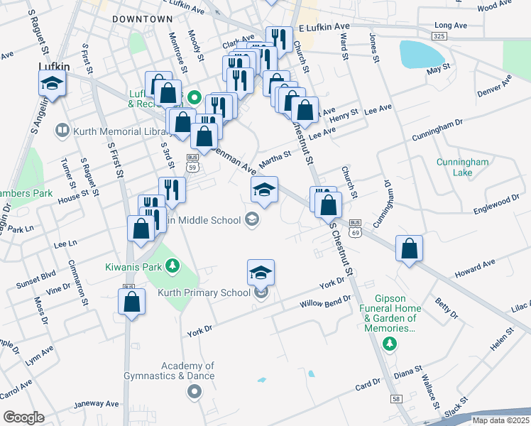map of restaurants, bars, coffee shops, grocery stores, and more near 900 East Denman Avenue in Lufkin