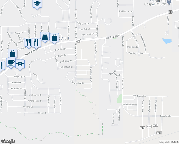 map of restaurants, bars, coffee shops, grocery stores, and more near 208 Candlebrook Drive in Enterprise