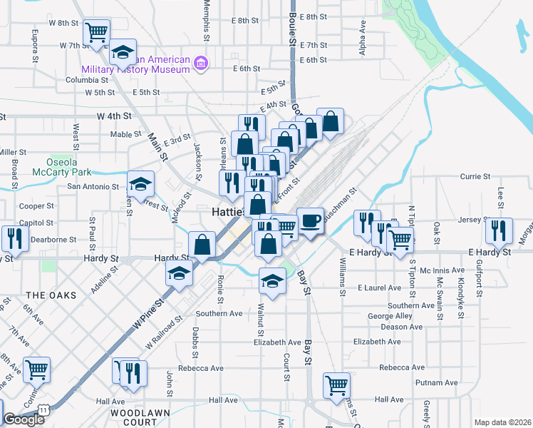 map of restaurants, bars, coffee shops, grocery stores, and more near 144 East Front Street in Hattiesburg