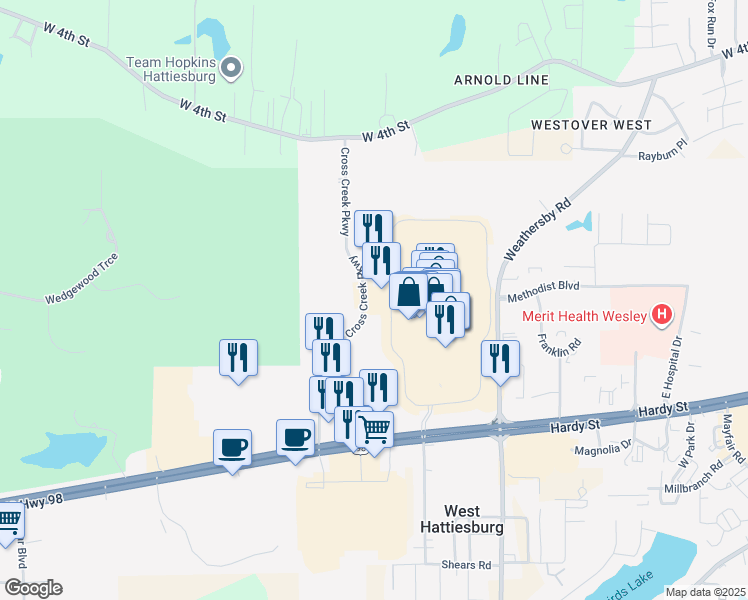 map of restaurants, bars, coffee shops, grocery stores, and more near 153 Turtle Creek Drive in Hattiesburg