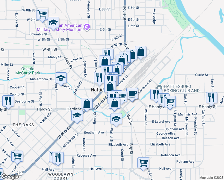 map of restaurants, bars, coffee shops, grocery stores, and more near 144 East Front Street in Hattiesburg