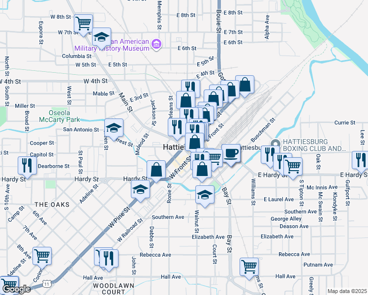 map of restaurants, bars, coffee shops, grocery stores, and more near in Hattiesburg