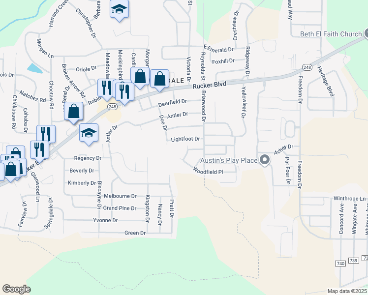 map of restaurants, bars, coffee shops, grocery stores, and more near 207 Woodrun Drive in Enterprise