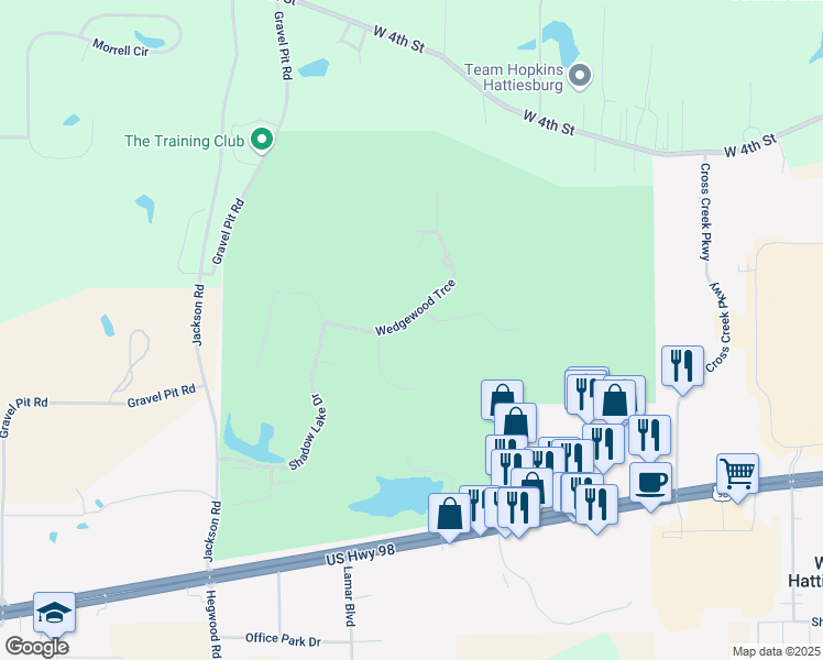 map of restaurants, bars, coffee shops, grocery stores, and more near 114 Wedgewood Trace in Hattiesburg