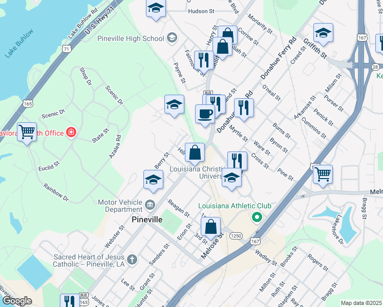map of restaurants, bars, coffee shops, grocery stores, and more near 106 Russell Court in Pineville