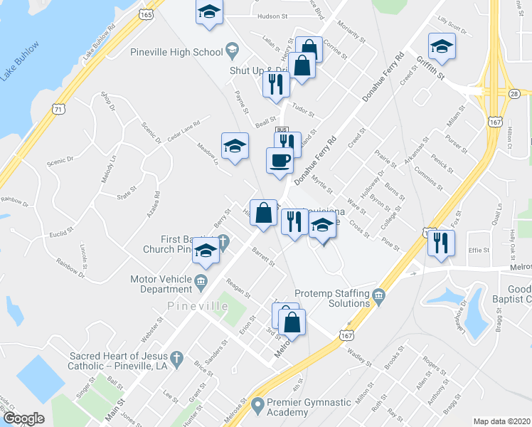 map of restaurants, bars, coffee shops, grocery stores, and more near 143 Russell Court in Pineville