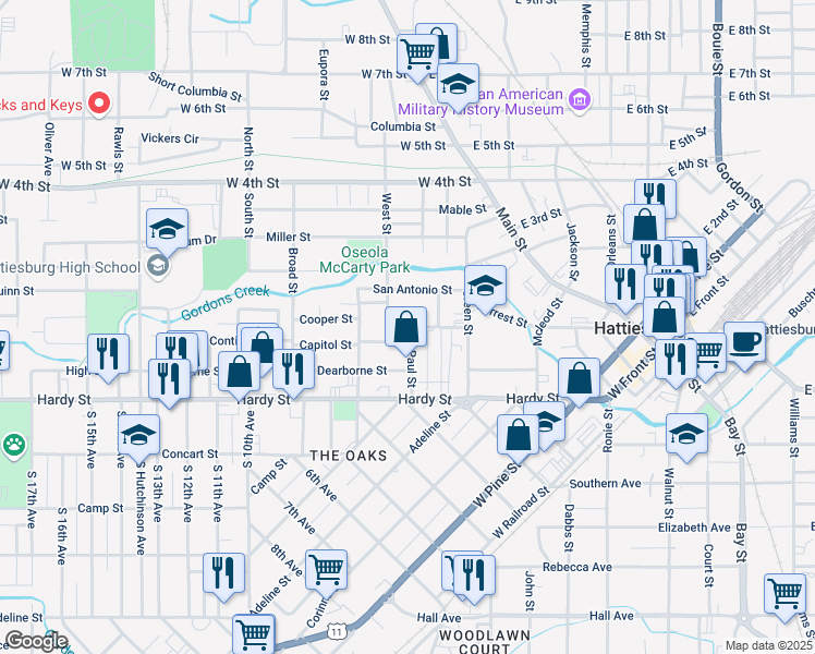 map of restaurants, bars, coffee shops, grocery stores, and more near 305 St Paul St in Hattiesburg