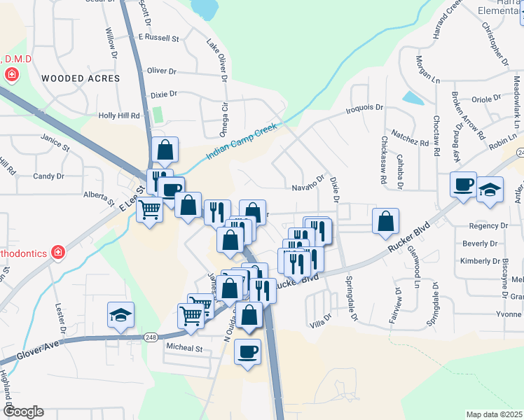 map of restaurants, bars, coffee shops, grocery stores, and more near 210 Apache Drive in Enterprise