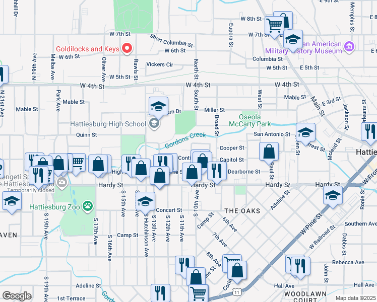 map of restaurants, bars, coffee shops, grocery stores, and more near 101-199 Landon Ln in Hattiesburg