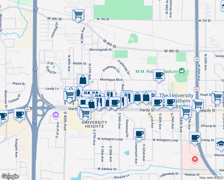 map of restaurants, bars, coffee shops, grocery stores, and more near 207 North 35th Avenue in Hattiesburg