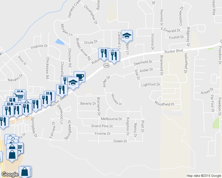 map of restaurants, bars, coffee shops, grocery stores, and more near 103 Woodley Drive in Enterprise
