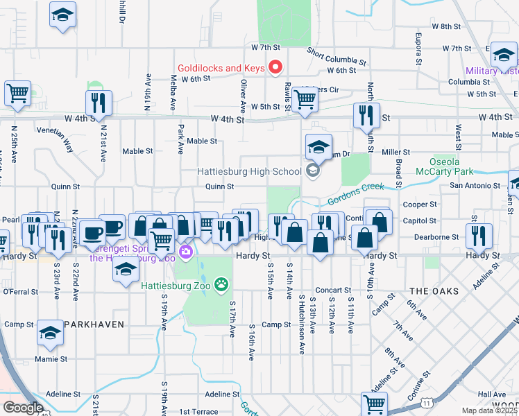 map of restaurants, bars, coffee shops, grocery stores, and more near 106 City Park Circle in Hattiesburg