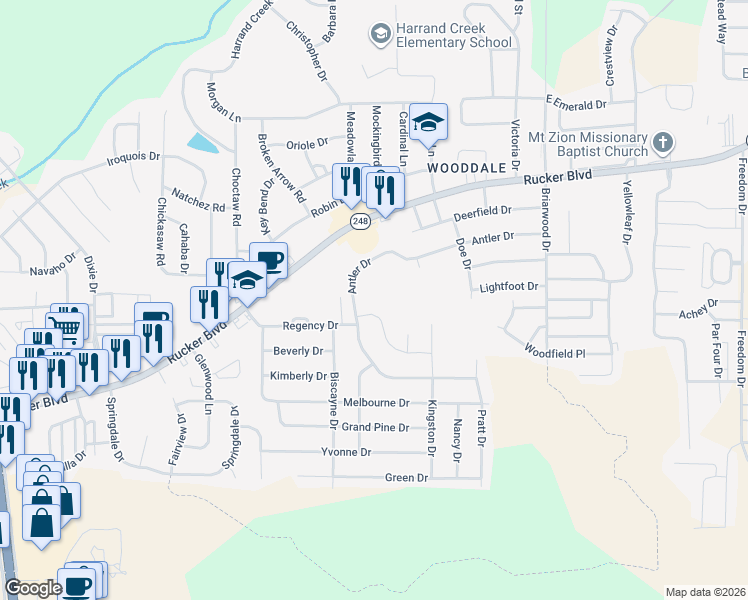 map of restaurants, bars, coffee shops, grocery stores, and more near 103 Woodley Drive in Enterprise