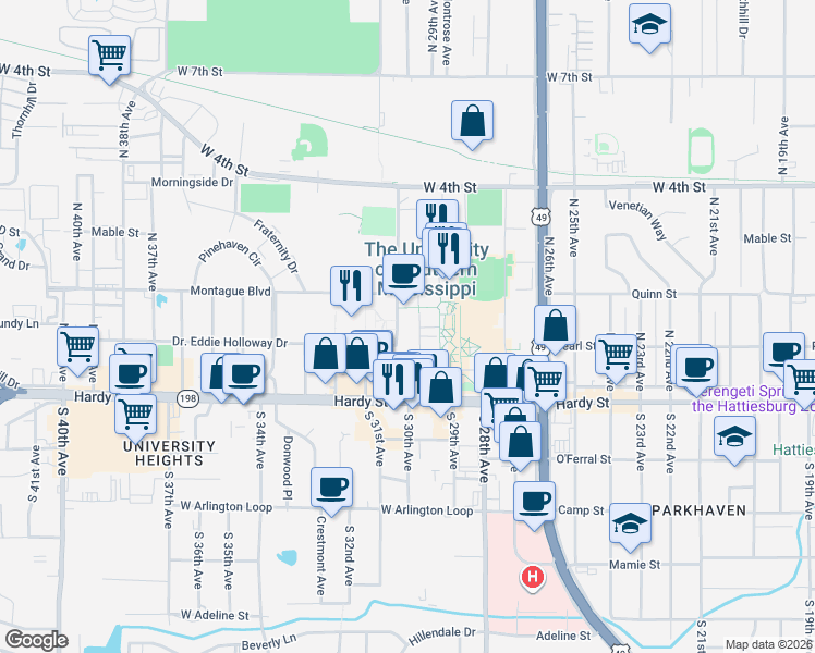 map of restaurants, bars, coffee shops, grocery stores, and more near 118 College Drive in Hattiesburg