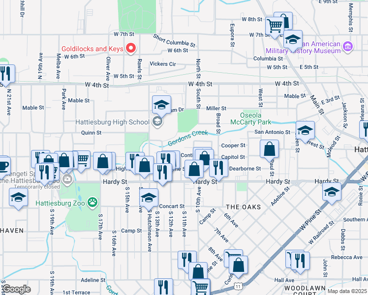 map of restaurants, bars, coffee shops, grocery stores, and more near 199 Landon Lane in Hattiesburg