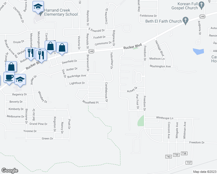 map of restaurants, bars, coffee shops, grocery stores, and more near 105 Candlebrook Drive in Enterprise