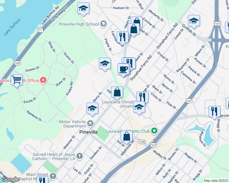 map of restaurants, bars, coffee shops, grocery stores, and more near 110 Russell Court in Pineville
