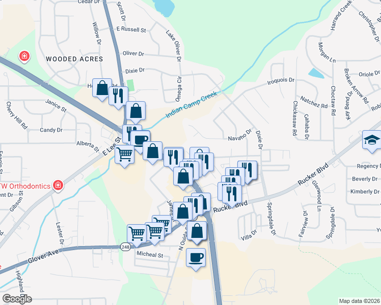 map of restaurants, bars, coffee shops, grocery stores, and more near 300 Apache Drive in Enterprise