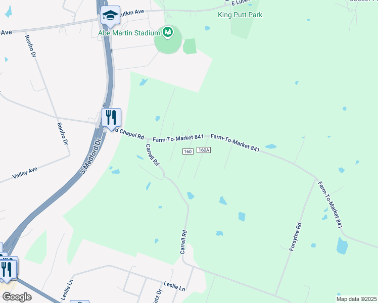 map of restaurants, bars, coffee shops, grocery stores, and more near 165 King Road in Lufkin