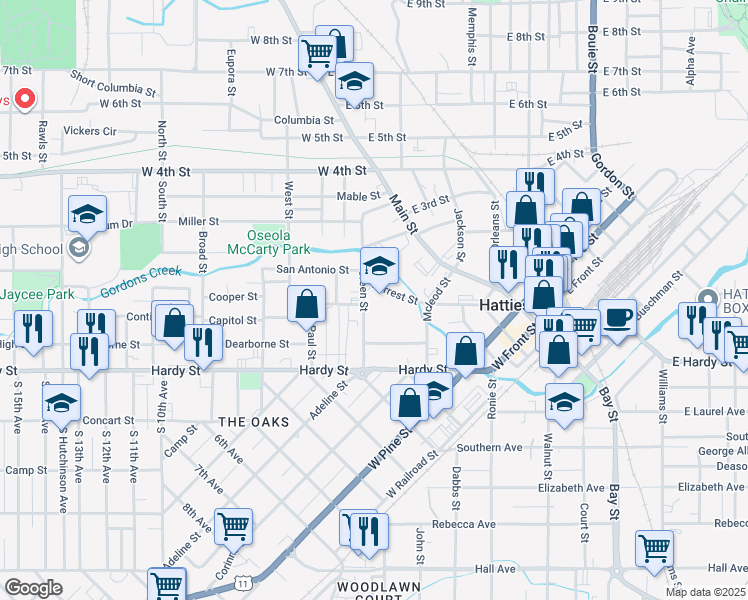 map of restaurants, bars, coffee shops, grocery stores, and more near 526 Forrest Street in Hattiesburg