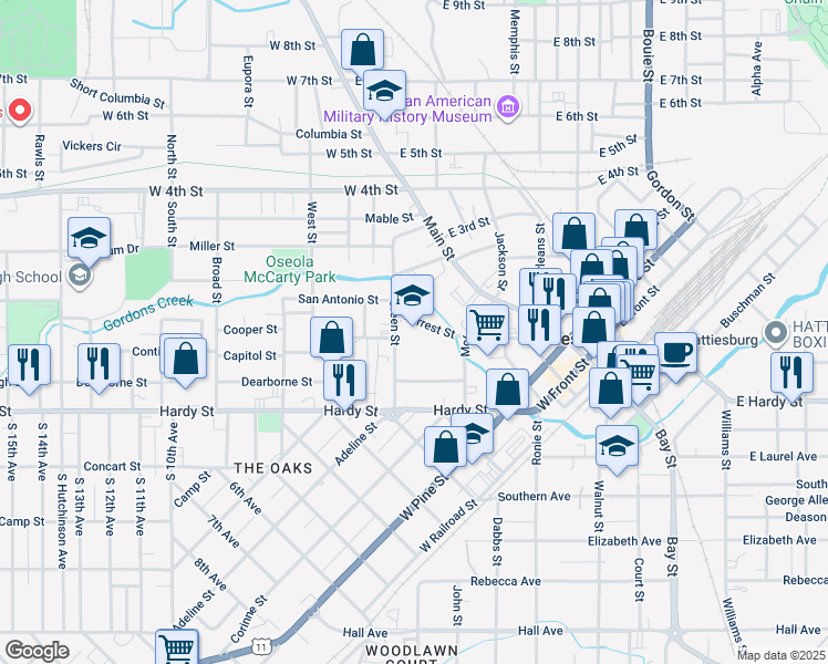 map of restaurants, bars, coffee shops, grocery stores, and more near 526 Forrest Street in Hattiesburg