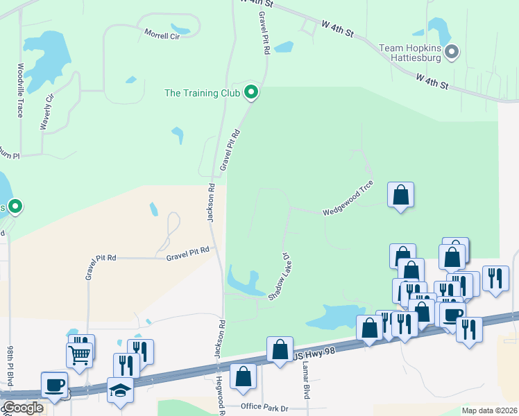 map of restaurants, bars, coffee shops, grocery stores, and more near 111 Shadow Ridge Road in Hattiesburg