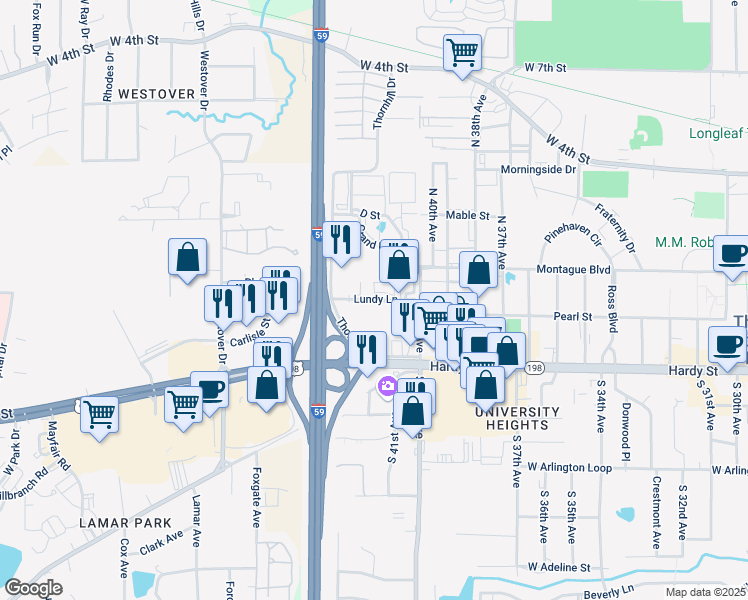 map of restaurants, bars, coffee shops, grocery stores, and more near 153 Lundy Lane in Hattiesburg