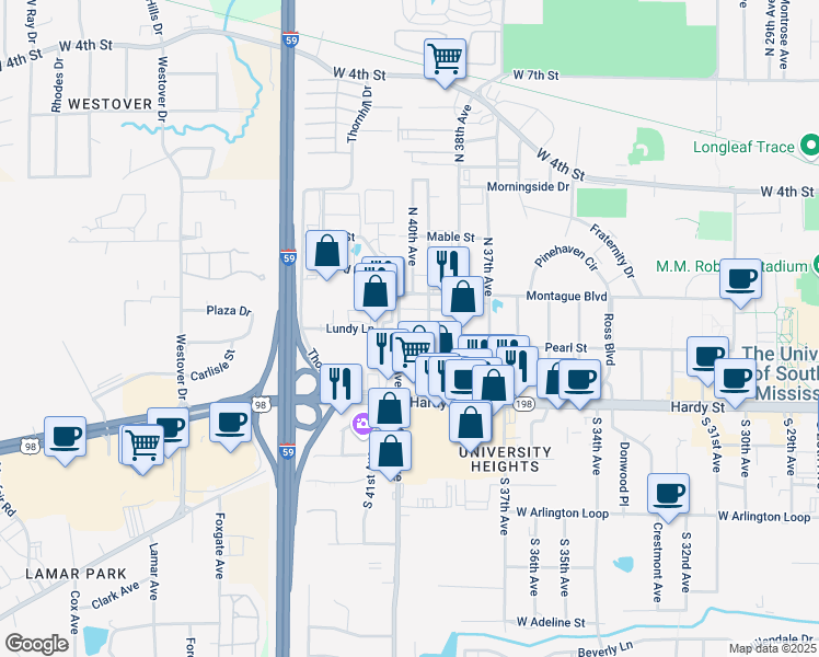 map of restaurants, bars, coffee shops, grocery stores, and more near 203 North 40th Avenue in Hattiesburg