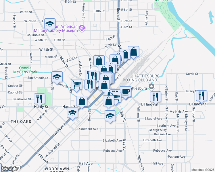 map of restaurants, bars, coffee shops, grocery stores, and more near 144 East Front Street in Hattiesburg