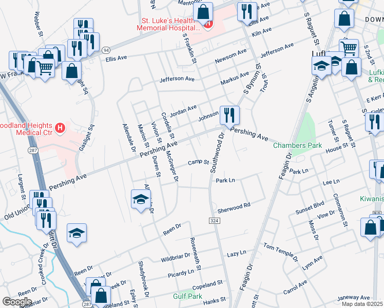 map of restaurants, bars, coffee shops, grocery stores, and more near 714 Schuller in Lufkin