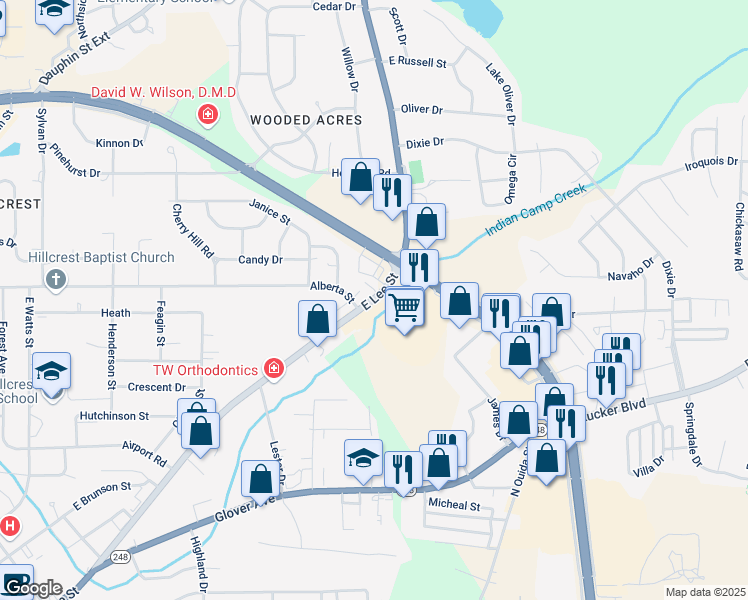 map of restaurants, bars, coffee shops, grocery stores, and more near 832 East Lee Street in Enterprise