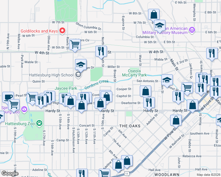 map of restaurants, bars, coffee shops, grocery stores, and more near 401-405 Broad St in Hattiesburg