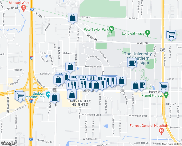 map of restaurants, bars, coffee shops, grocery stores, and more near 207 North 35th Avenue in Hattiesburg