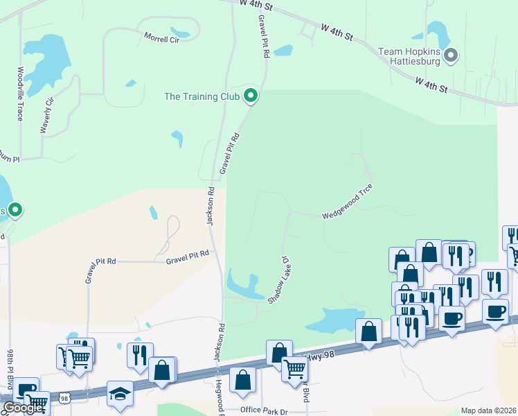 map of restaurants, bars, coffee shops, grocery stores, and more near 111 Shadow Ridge Rd in Hattiesburg