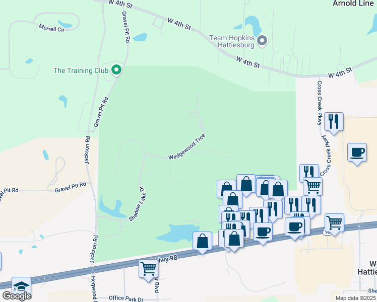 map of restaurants, bars, coffee shops, grocery stores, and more near 114 Wedgewood Trace in Hattiesburg