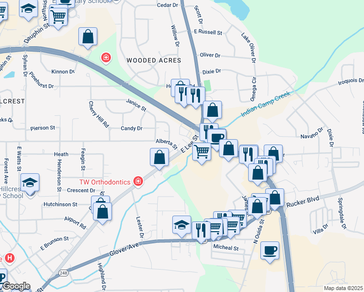 map of restaurants, bars, coffee shops, grocery stores, and more near 819 East Lee Street in Enterprise