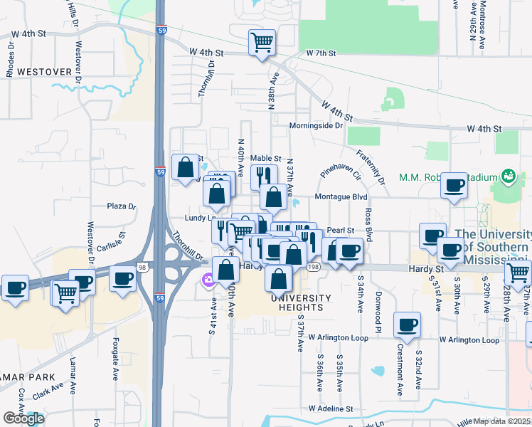 map of restaurants, bars, coffee shops, grocery stores, and more near 202 North 38th Avenue in Hattiesburg