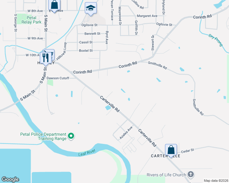 map of restaurants, bars, coffee shops, grocery stores, and more near 118 Willard Lane in Petal