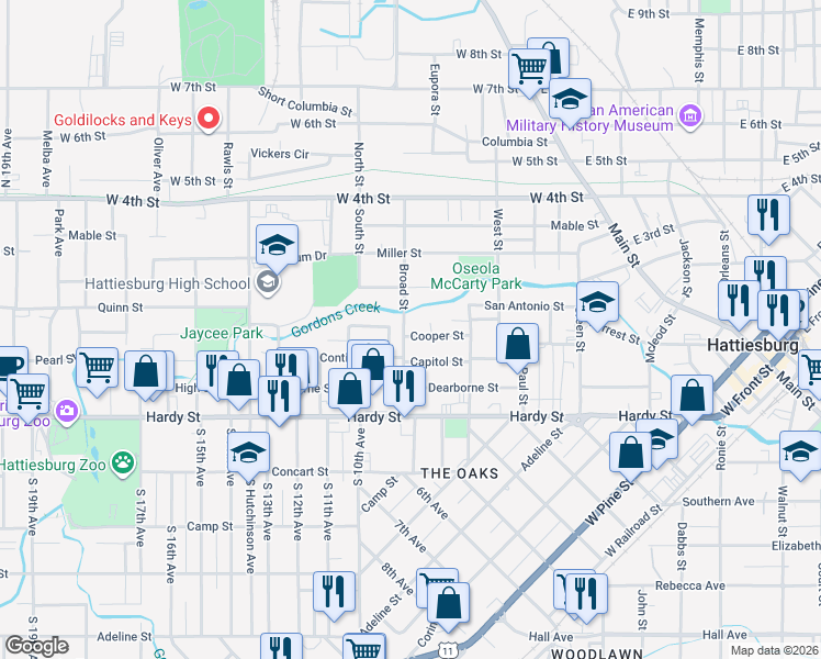 map of restaurants, bars, coffee shops, grocery stores, and more near 401 Broad Street in Hattiesburg