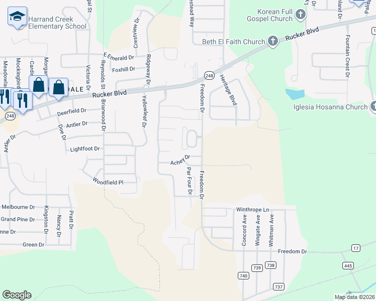 map of restaurants, bars, coffee shops, grocery stores, and more near 33 Courtyard Way in Enterprise