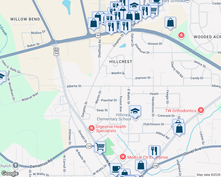 map of restaurants, bars, coffee shops, grocery stores, and more near 314 Alberta Street in Enterprise