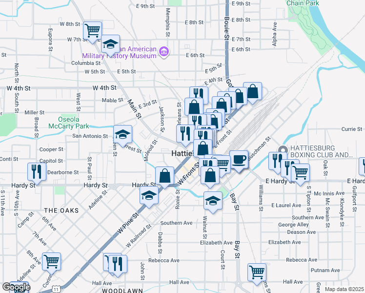 map of restaurants, bars, coffee shops, grocery stores, and more near 642 Main Street in Hattiesburg